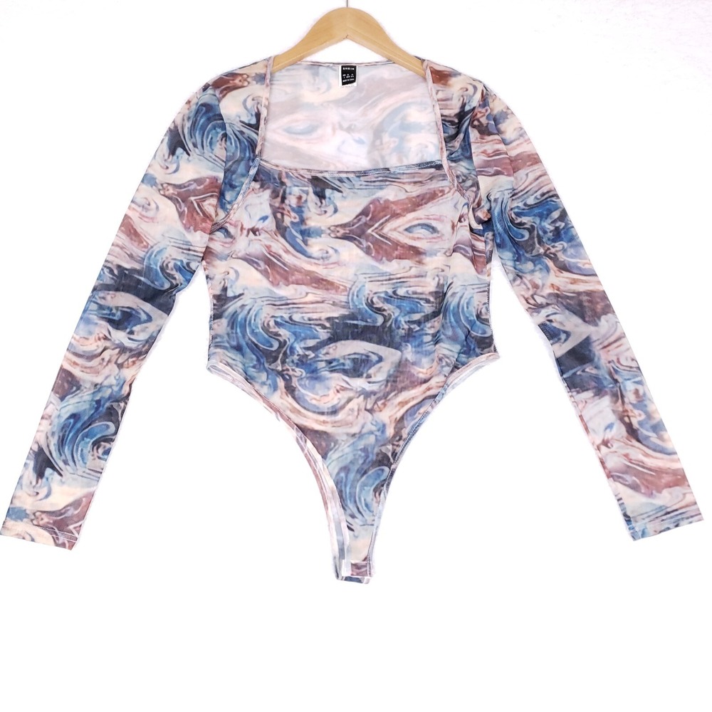 Shein Bodysuit Marble Mesh Long Sleeve Large Blue Pink Abstract Square Neck Chic